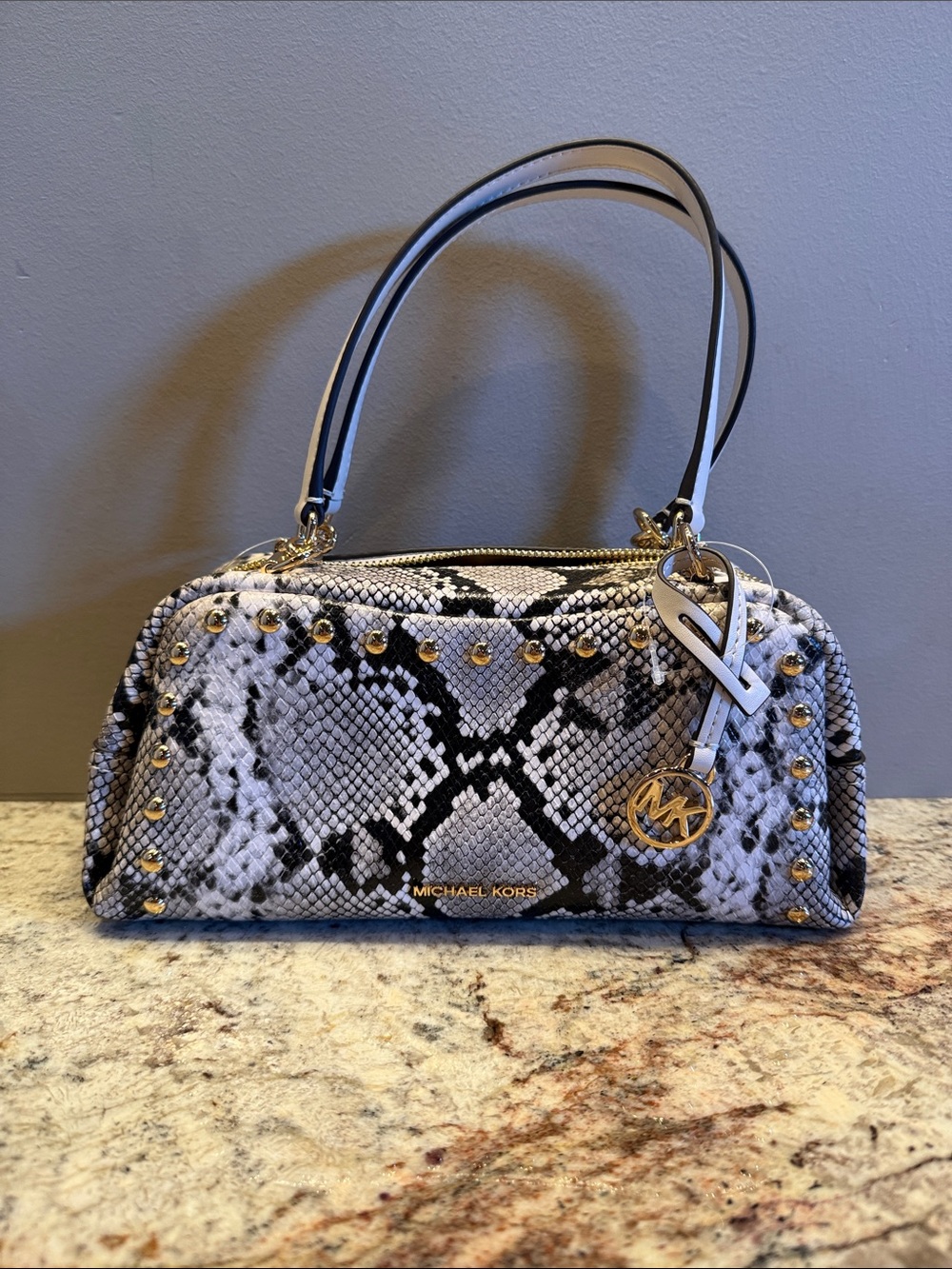 NWT! Michael Kors Black and White Snake-Print Studded Shoulder Bag
